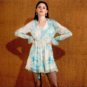 Hemant & Nandita Turquoise Gold Boho Silk Long Sleeve Dress Anthropologie